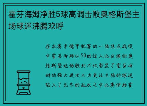 霍芬海姆净胜5球高调击败奥格斯堡主场球迷沸腾欢呼